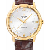 Omega De Ville Prestige Co-Axial Watch - 39.5 mm Yellow Gold Case - Silver Dial - Brown Leather Strap - 424.53.40.20.02.002