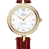 Omega De Ville Prestige Quartz Dewdrop Watch - 27.4 mm Yellow Gold Case - Radiant Diamond Paved Bezel - Mother-Of-Pearl Dial - Red Leather Strap - 424.58.27.60.55.001