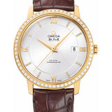 Omega De Ville Prestige Co-Axial Watch - 39.5 mm Yellow Gold Case - Diamond Bezel - Silver Diamond Dial - Brown Leather Strap - 424.58.40.20.52.001