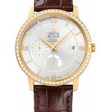 Omega De Ville Prestige Power Reserver Co-Axial Watch - 39.5 mm Yellow Gold Case - Diamond Bezel - Silver Diamond Dial - Brown Leather Strap - 424.58.40.21.52.001