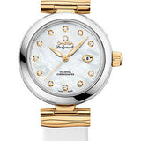 Omega De Ville Ladymatic Omega Co-Axial Watch - 34 mm Steel Case - White Diamond Dial - White Leather Strap - 425.22.34.20.55.003