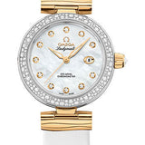 Omega De Ville Ladymatic Omega Co-Axial Watch - 34 mm Steel - Yellow Gold Case - Diamond Bezel - White Diamond Dial - White Leather Strap - 425.27.34.20.55.003