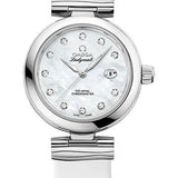 Omega De Ville Ladymatic Omega Co-Axial Watch - 34 mm Steel Case - White Diamond Dial - White Leather Strap - 425.32.34.20.55.002