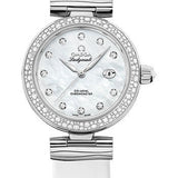 Omega De Ville Ladymatic Omega Co-Axial Watch - 34 mm Steel Case - Diamond Bezel - White Diamond Dial - White Leather Strap - 425.37.34.20.55.002