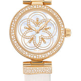 Omega Ladies De Ville Ladymatic Watch - 34 mm Yellow Gold Case - Snow-Set Diamond Paved Bezel - Mother-Of-Pearl Marquetry Diamond Dial - White Leather Strap - 425.67.34.20.55.005