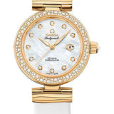 Omega De Ville Ladymatic Omega Co-Axial Watch - 34 mm Yellow Gold Case - Diamond Bezel - White Diamond Dial - White Leather Strap - 425.67.34.20.55.007