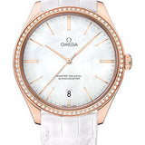 Omega De Ville Tresor Omega Master Co-Axial Watch - 40 mm Sedna Gold Case - Diamond Bezel - White Dial - White Leather Strap - 432.58.40.21.05.001