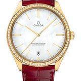 Omega De Ville Tresor Master Co-Axial Watch - 40 mm Yellow Gold Case - Diamond-Set Bezel - Domed Mother-Of-Pearl Dial - Red Leather Strap - 432.58.40.21.05.004