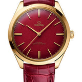 Omega De Ville Tresor Co-Axial Master Chronometer 125th Anniversary Edition Watch - 40 mm Yellow Gold Case - Rare Red Enamel Dial - Burgundy Leather Strap - 435.53.40.21.11.001