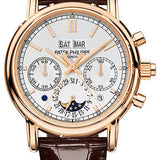 Patek Philippe Grand Complications Split Seconds Chronograph Pertetual Calendar Watch - 40.2mm Rose Gold Case - Silver Dial - Chocolate Strap - 5204R-001