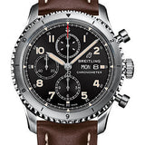 Breitling Aviator 8 Chronograph 43 Watch - Stainless Steel - Black Dial - Brown Calfskin Leather Strap - Tang Buckle - A13316101B1X3