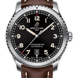 Breitling Aviator 8 Automatic 41 Watch - Stainless Steel - Black Dial - Brown Calfskin Leather Strap - Tang Buckle - A17315101B1X3