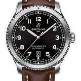 Breitling Aviator 8 Automatic 41 Watch - Stainless Steel - Black Dial - Brown Calfskin Leather Strap - Folding Buckle - A17315101B1X4