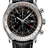 Breitling Navitimer Chronograph GMT 46 Watch - Steel - Black Dial - Black Croco Strap - Tang Buckle - A24322121B2P1