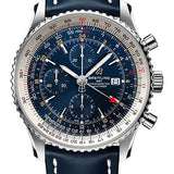 Breitling Navitimer Chronograph GMT 46 Watch - Stainless Steel - Blue Dial - Blue Calfskin Leather Strap - Folding Buckle - A24322121C2X2