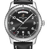 Breitling Aviator 8 Automatic Day & Date 41 Watch - Stainless Steel - Black Dial - Black Calfskin Leather Strap - Folding Buckle - A45330101B1X2