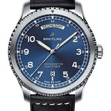 Breitling Aviator 8 Automatic Day & Date 41 Watch - Steel Case - Blue Dial - Black Leather Strap - A45330101C1X1