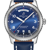 Breitling Aviator 8 Automatic Day & Date 41 Watch - Steel - Blue Dial - Blue Leather Strap - Tang Buckle - A45330101C1X3