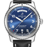 Breitling Aviator 8 Automatic Day & Date 41 Watch - Stainless Steel - Blue Dial - Black Calfskin Leather Strap - Folding Buckle - A45330101C1X4