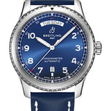 Breitling Aviator 8 Automatic Day & Date 41 Watch - Stainless Steel - Blue Dial - Blue Calfskin Leather Strap - Folding Buckle - A45330101C1X5