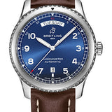 Breitling Aviator 8 Automatic Day & Date 41 Watch - Stainless Steel - Blue Dial - Brown Calfskin Leather Strap - Folding Buckle - A45330101C1X6