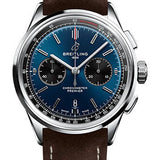 Breitling Premier B01 Chronograph 42 Watch - Stainless Steel - Blue Dial - Brown Calfskin Leather Strap - Folding Buckle - AB0118221C1X1