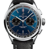 Breitling Premier B01 Chronograph 42 Watch - Stainless Steel - Blue Dial - Anthracite Calfskin Leather Strap - Folding Buckle - AB0118221C1X3