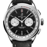 Breitling Premier B01 Chronograph 42 Watch - Stainless Steel - Black Dial - Anthracite Calfskin Leather Strap - Folding Buckle - AB0118371B1X1