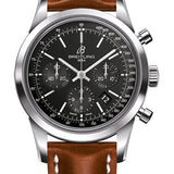 Breitling Transocean Chronograph Watch - Steel - Black Dial - Gold Leather Strap - Tang Buckle - AB015212/BA99/433X/A20BA.1