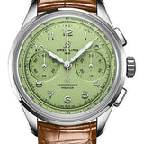 Breitling Premier B09 Chronograph 40 Watch - Stainless Steel - Pistachio Green Dial - Gold Brown Alligator Leather Strap - Folding Buckle - AB0930D31L1P1