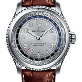 Breitling Aviator 8 B35 Automatic Unitime 43 Watch - Steel Case - Mercury Silver Dial - Brown Croco Strap - AB3521U01G1P1