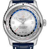 Breitling Aviator 8 B35 Automatic Unitime 43 Watch - Stainless Steel - Silver Dial - Blue Alligator Leather Strap - Folding Buckle - AB3521U01G1P4