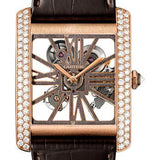 Cartier Tank MC Skeleton Watch - 34.5 mm Pink Gold Diamond Case - Diamond Bezel - Pink Gold Dial - Brown Alligator Strap - HPI00715