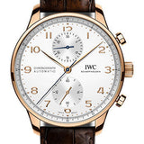 IWC Portugieser Chronograph Watch - 41.0 mm 5N Gold Case - Silver Dial - Dark Brown Alligator Strap - IW371611