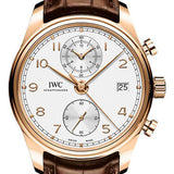 IWC Portugieser Chronograph Classic Watch - 42 mm Red Gold Case - Silver Dial - Brown Alligator Strap - IW390301