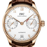 IWC Portugieser Automatic Watch - 42.3 mm 5N Gold Case - Silver Dial - Brown Alligator Strap - IW500701