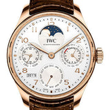 IWC Portugieser Perpetual Calendar Watch - 44.2 mm 5N Gold Case - Silver Dial - Dark Brown Alligator Strap - IW503302