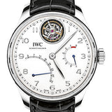 IWC Portugieser Tourbillon Mystere Retrograde Watch - 44.2 mm Platinum Case - Silver Dial - Black Alligator Strap - IW504601