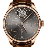 IWC Portugieser Tourbillon Mystere Retrograde Watch - 44.2 mm Red Gold Case - Ardoise Dial - Dark Brown Alligator Strap - IW504602