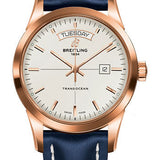 Breitling Transocean Day & Date Watch - 18k Red Gold - Mercury Silver Dial - Blue Leather Strap - Folding Buckle - R4531012/G752/112X/R20D.1