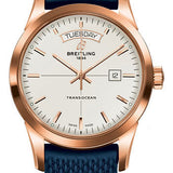 Breitling Transocean Day & Date Watch - 18k Red Gold - Mercury Silver Dial - Blue Rubber Aero Classic Strap - R4531012/G752/281S/R20D.3