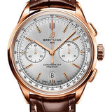 Breitling Premier B01 Chronograph 42 Watch - 18K Red Gold - Silver Dial - Brown Alligator Leather Strap - Tang Buckle - RB0118371G1P1