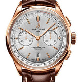 Breitling Premier B01 Chronograph 42 Watch - 18K Red Gold - Silver Dial - Brown Alligator Leather Strap - Folding Buckle - RB0118371G1P2