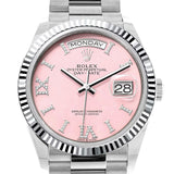 Rolex Day-Date 36 Pink Opal Diamond Dial Fluted Bezel Platinum President Watch 128236