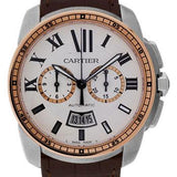 Cartier Calibre de Cartier Chronograph Watch - 42 mm Steel And Pink Gold Case - Silver Dial - Brown Alligator Strap - W7100043