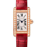 Cartier Tank Americaine Watch - 27 mm Pink Gold Diamond Case - Diamond Bezel - Diamond Dial - Red Strap - WB710014