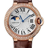 Cartier Ballon Bleu de Cartier Moonphase Watch - 37 mm Pink Gold Case - Diamond Paved Bezel - Silver Dial - Brown Alligatgor Strap - WJBB0027