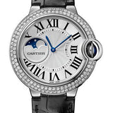 Cartier Ballon Bleu de Cartier Moonphase Watch - 37 mm White Gold Case - Diamond Paved Bezel - Silver Dial - Black Alligatgor Strap - WJBB0028