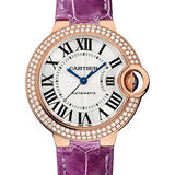 Cartier Ballon Bleu de Cartier Watch - 33 mm Rose Gold Diamond Case - Opaline Dial - Purple Alligator Strap - WJBB0051