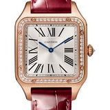 Cartier Santos-Dumont Watch - 43.5 mm x 31.4 mm Pink Gold Case - Silver Satin-Brushed Dial - Bordeaux Leather Strap - WJSA0016